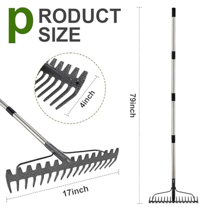 Bow Rake, 79" Heavy Duty Garden Rake with Wide 17 Tines Head & Stainless Steel Handle, Adjustable Rakes for Lawns Yard Loosening Soil Thatching Gathering Leaves Gravel - style: 79 inch