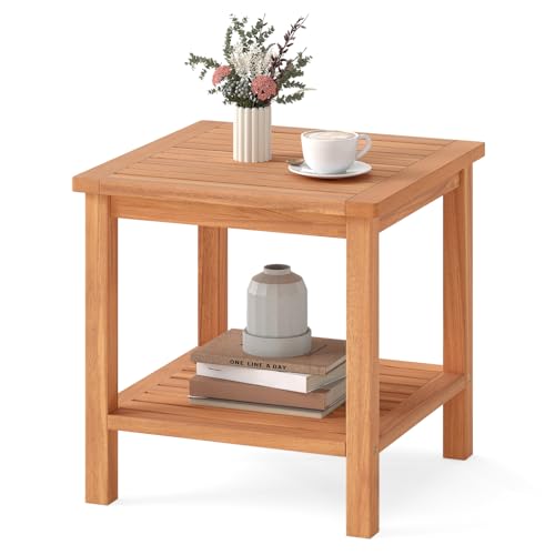 HAPPYGRILL Acacia Wood Outdoor Side Table, 2-Tier Indoor End Table with Spacious Tabletop and Slatted Storage Rack, Square Wood Table for Poolside, Living Room, Porch, Balcony and Garden (1) - size: 18x18x18-B