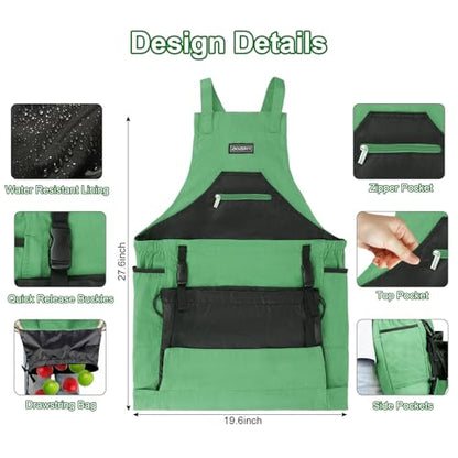 Garden Apron,Harvest Aprons with Drawstring Bag and Pockets for Women and Men,Canvas Fruit Picking Apron - color: Green