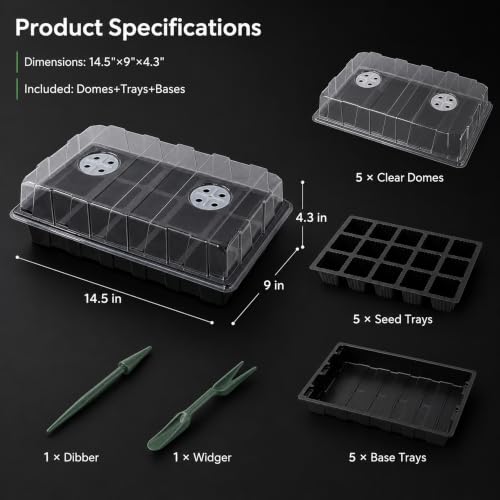 Gardzen 5 Pack Seed Starter Trays with Vented Domes 150 Cell Black - size: 15-Cell Black 10-Pack