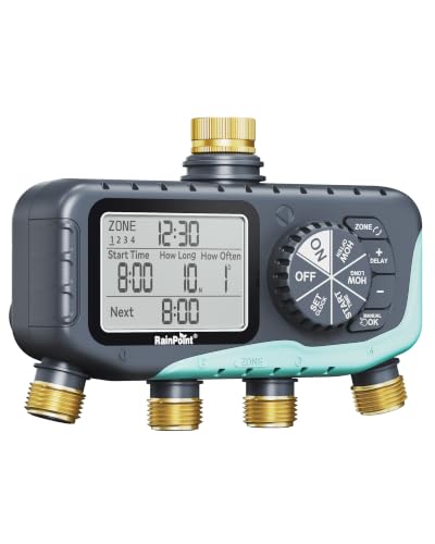 RAINPOINT Sprinkler Timer, 4 Outlets Hose Timer with Brass Inlet with Rain Delay/Manual/Automatic Controller System, Programmable Digital for Lawn Yard (Baby Blue, 4 outlets)
