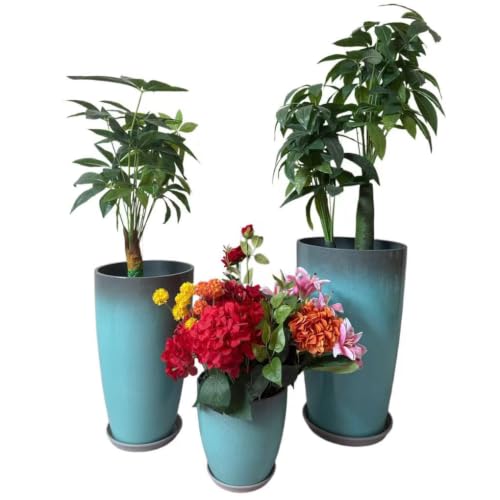 24,21,11 Inch Large Plastic Planters with Drainage Hole and Saucer - Set of 3 Tall Plant Pots Indoor Flower Pot Tall Round Planters Outdoor Large Tall Planter - color: Sky Blue