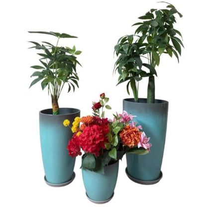 24,21,11 Inch Large Plastic Planters with Drainage Hole and Saucer - Set of 3 Tall Plant Pots Indoor Flower Pot Tall Round Planters Outdoor Large Tall Planter - color: Sky Blue