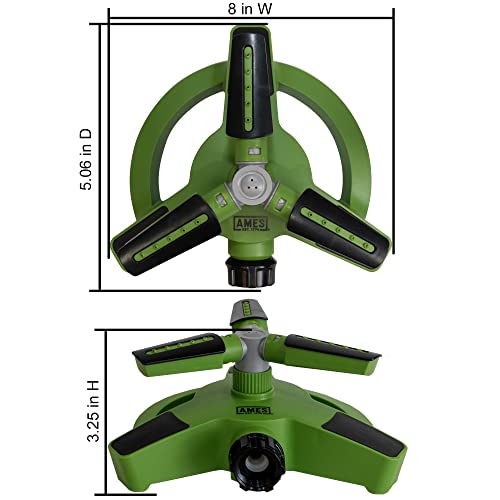 AMES Rotating Revolving Sprinkler with 3 Arms, 360 Degrees, Adjustable Lawn or Garden Watering, Large Spray Area Coverage, Easy Hose Connection, Green - style: Rotating Sprinkler