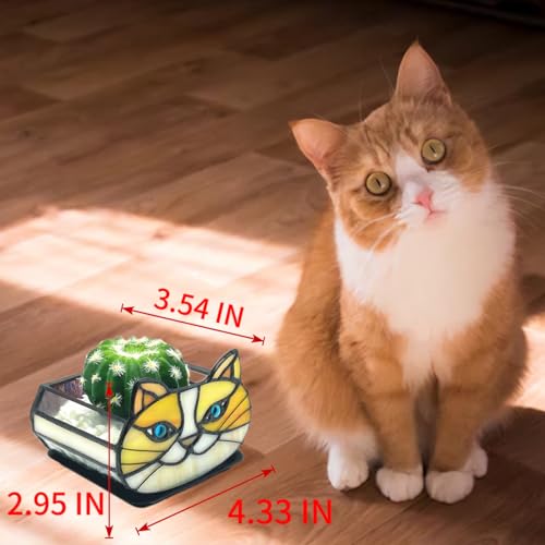 Stained Glass Yellow Cat Flower Pot,Small Succulent Planter for Indoor Plants,Cat Plant Decoration for Windowsill 4.33x3.54x2.95 in（Excluding Plants） - color: Little Yellow Cat