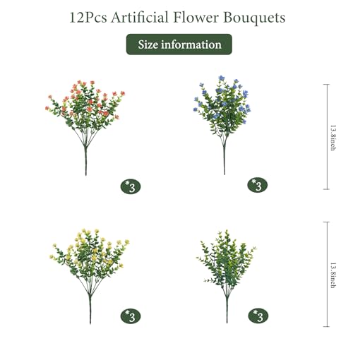 Artificial Flowers Outdoors, 12 Bundles Fake Flowers UV-Anti for Decoration Faux Plastic Plants Garden Porch Window Box Décor, YellowPurpleBlueGreen - color: Yellow+ Orange+ Blue+ Green