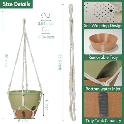 Self-Watering Hanging Planters for Indoor Plants Set 2-Piece Includes Plant Hanging Pot, Drainage-Hole Hanging Pot, and Hanging Basket Rack (10 Inches, Green) - color: Green