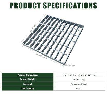 2 Pack 12in B125 Galvanized Steel Drain Grate(11.6x12 in) - color: Silver-2 Pack, size: 12x12 inch