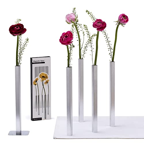 PELEG DESIGN Magnetic Bud Vase Set (Silver) - Unique Home Decor Gift & Modern Table Centerpiece - 5 Aluminum Single Stem Vases - 9.4" Tall Gravity Defying Decor - color: Silver - Set of 5