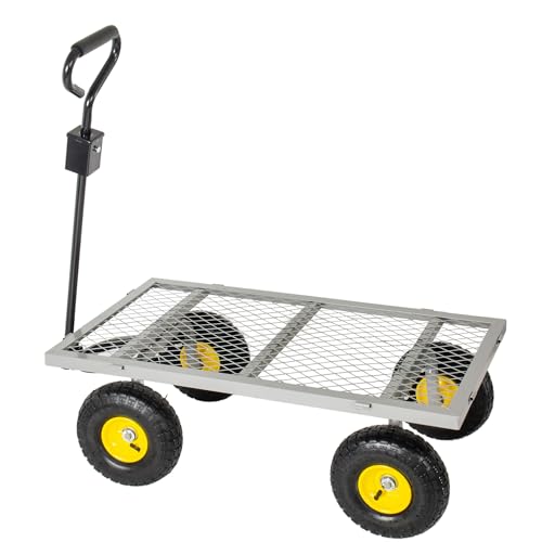 4-in-1 Oversized Steel Dump Garden Cart, 880lbs Pullable Mesh Metal Utility Cart with Removable Liner, Side Panels & Mesh Tray for Outdoor Lawn, Patio, Landscaping, Gray