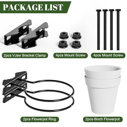 Hanging Flower Pots Holder, 2 Set Deck Railing Plant Container Holder with Pot, Pipe Clip Fence Planters Tray for Indoor & Outdoor Fence Balcony Patio Porch Railing