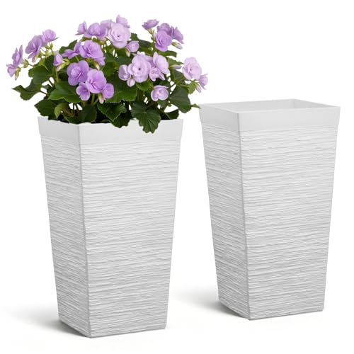 VEVOR Set of 2 Tall Planters for Outdoor Plants 23 inch, White Tall Planter for Indoor Plants, Modern Planters for Front Porch Patio Balcony, Plant Container Flower Pots with Built-in Drainage - color: White, size: 23 inch