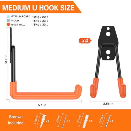 HUPBIPY Garage Hooks Heavy Duty 4 Pack, Wall Mount Ladder Hooks - color: Orange Medium U Hook