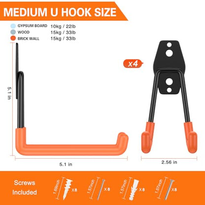 HUPBIPY Garage Hooks Heavy Duty 4 Pack, Wall Mount Ladder Hooks - color: Orange Medium U Hook