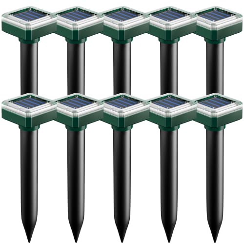 Mole Repellent Solar Powered 10 Pack,Upgraded Ultrasonic Gopher & Vole Deterrent, IP44 Waterproof Snake Repeller, Solar Sonic Spikes for Pest Control in Large Lawns Gardens & Farms