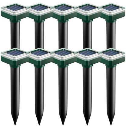 Mole Repellent Solar Powered 10 Pack,Upgraded Ultrasonic Gopher & Vole Deterrent, IP44 Waterproof Snake Repeller, Solar Sonic Spikes for Pest Control in Large Lawns Gardens & Farms