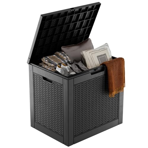 31 Gallon Waterproof Outdoor Resin Deck Box with Lockable Lid, Stylish Wicker Pattern, Easy Assembly Features and Convenient Handles for Patio Cushion, and other Patio Furniture (Black) - color: Black, size: 31 Gallon