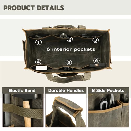 Canvas Large Tool Bag - A Large Main Pocket and 14 Insert Pockets - Durable 16oz Waxed Canvas Tool Case with Handle - 16.5 X 7 X 12 inch | ArmyGreen - color: ArmyGreen