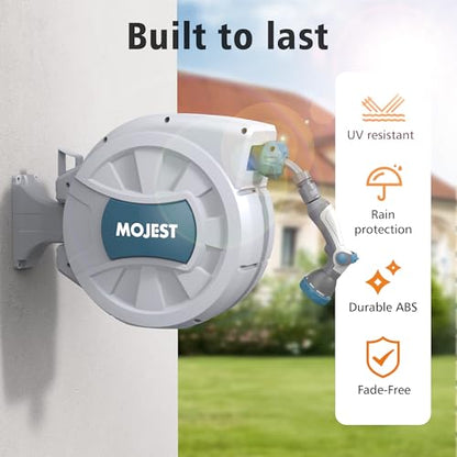 MOJEST Retractable Garden Hose Reel - 1/2 in x 100 ft Wall Mounted Heavy Duty Water Hose Reel with Automatic Slow Rewind System, 2 Hose Nozzle, 180°Swivel Bracket, Light Gray - color: Light Gray, size: 100FT