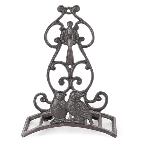 Sungmor Vintage Cast Iron Garden Hose Holder - Small Decorative Wall Mount Hose Hanger with Birds & Scroll, Heavy Duty Outdoor Storage Hook for Yard, Garden, or Patio - Rustic Bronze Finish - color: Shape A-Bird&Tap