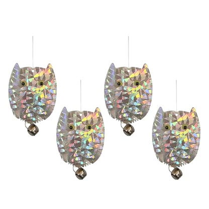 PESTEZE USA Owl Bird Deterrent Reflective Hanging Decoy Repellent with Bell, 4 Pack 3.5 x 5 in Shiny Scare Device Keep Birds Away Outdoor Porch Garden Yard Patio Protect Property