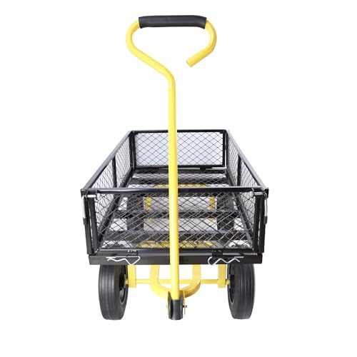 Metal Utility Wagon with 10" Solid Large Wheels 500 Lbs Capacity Heavy Duty Wheel Barrow Mesh Steel Garden Wagon Cart Dump Cart Pullable with 180° Rotating Handle Removable Sides (Black & Yellow) - color: Black & Yellow