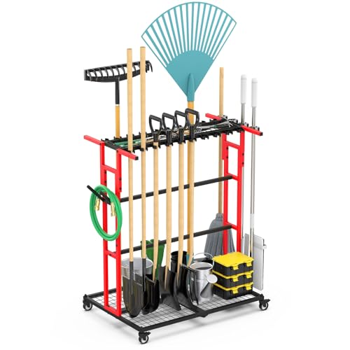 CCCEI Garage Organization with Wheels, Outdoor Gargen Yard Shed Tools Organizer Cart, Home Storage for Cleaning Supplies, Broom Holder, for Shovel and Rake, Long Farming and Farming Tools, Red. - color: Red