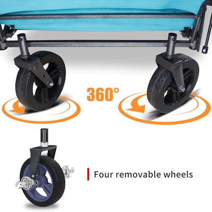 TMZ Collapsible Wagon with 2 Foldable Seats, Folding Wagon with Canopy, Multi Functional Cart with Adjustable Handle Bar, Front Expandable for Transport Camping (Turquoise/Grey) - color: Turquoise/Grey