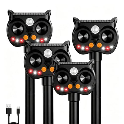 New Solar Animal Repellent Ultrasonic Outdoor for Deer Cat Skunk Squirrel Racoon Fortress Pro Animal Repeller Deterrent Devices with LED Strobe,Motion Sensor,Adjustable Volume and Modes for Yard,4 Pcs