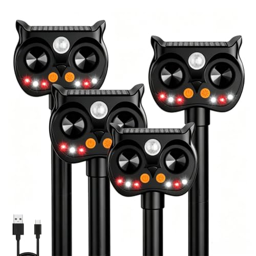 New Solar Animal Repellent Ultrasonic Outdoor for Deer Cat Skunk Squirrel Racoon Fortress Pro Animal Repeller Deterrent Devices with LED Strobe,Motion Sensor,Adjustable Volume and Modes for Yard,4 Pcs
