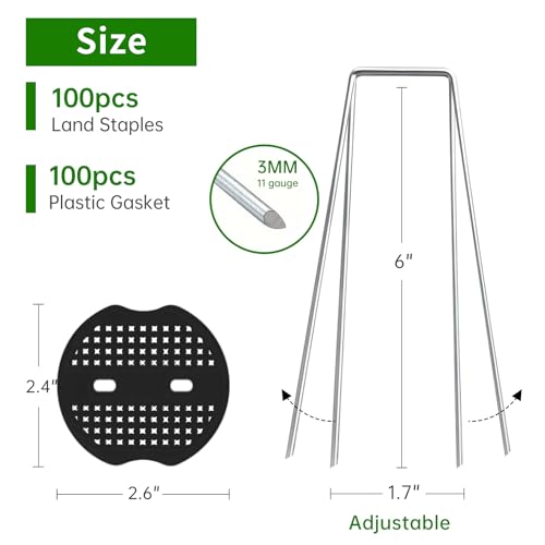 11 Gauge Garden Stakes, 100pcs Landscape Staples and 100pcs Gaskets, 6in U Shaped Galvanized Steel Garden Staples with Pad for Landscape Fabric Supplies for Weed Barrier Fabric,Tent Stakes