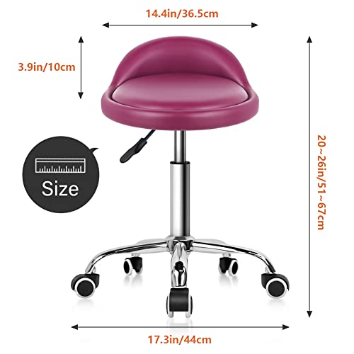 KKTONER PU Leather Round Rolling Stool with Back Rest Height Adjustable Swivel Drafting Work SPA Medical Task Chair with Wheels (Rose red) - color: Rose Red
