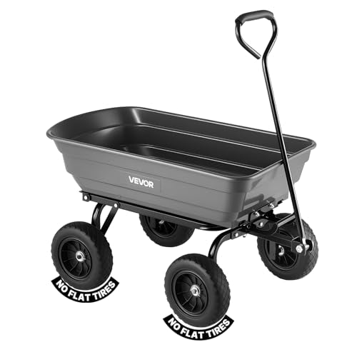VEVOR 4 Cu.Ft 600LBS Poly Garden Cart Dump Wagon, 4 Wheel Heavy Duty Wheelbarrow with 10" Flat Free Tires, Yard Cart Dump Wagon with Quick-Release System - color: Darkgrey