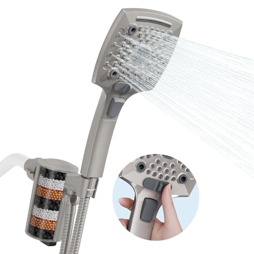 Filtered Shower Head with Handheld, High Pressure 5 Functions Handheld Shower Head with 59" Extra Long Stainless Steel Hose & Adjustable Bracket, Built-in Waterfall - color: Brushed, style: With Filter