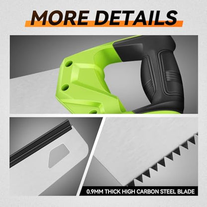 Auto Dynasty 17" Wood Handsaw Hand Cuts Hardpoint Hand Saw Fine-Cut with Non-Slip Comfort Grip for Sawing, Trimming, Gardening, Cutting Wood, Drywall, Plastic Pipes, Sharp Blade, Green - style: 17" Hand Saw