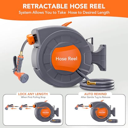 GAOMON Retractable Garden Hose Reel - 1/2 in x 72 ft, Wall Mounted, 9-Function Sprayer, Any Length Lock, 180° Swivel, Automatic Slow Rewind - size: 72FT