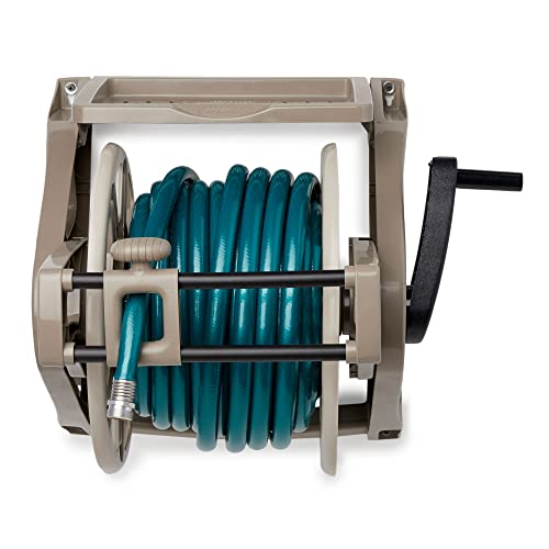 Suncast Slide Trak Garden Hose Reel, Wall-Mount Holder with Storage Tray, Dark Taupe - Outdoor Mounted Organizer for 175 Ft of 5/8" Standard Vinyl Water Hoses in Lawn and Yard