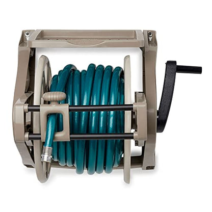 Suncast Slide Trak Garden Hose Reel, Wall-Mount Holder with Storage Tray, Dark Taupe - Outdoor Mounted Organizer for 175 Ft of 5/8" Standard Vinyl Water Hoses in Lawn and Yard