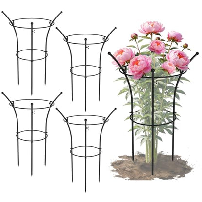 4 Pack Peony Cages and Supports, 12.5"Dx24"H Dual-Ring Metal Plant Supports - color: Black-Metal-4PC