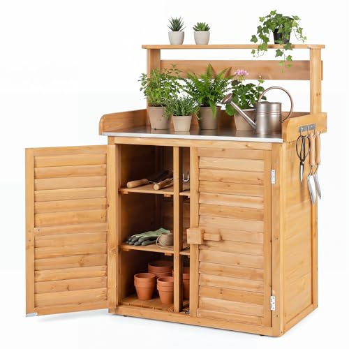Goplus Garden Potting Bench Table with Stainless Steel Tabletop - color: Yellow, size: 34" x 18" x 47"