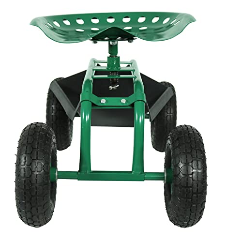 Sunnydaze Rolling Garden Cart with Swivel Seat and Storage, Green - color: Green