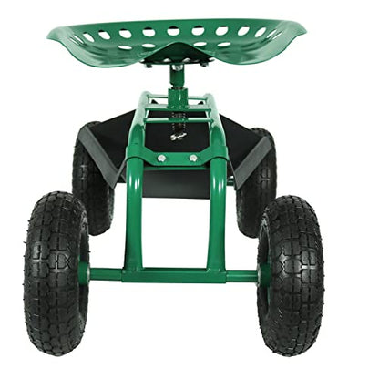 Sunnydaze Rolling Garden Cart with Swivel Seat and Storage, Green - color: Green