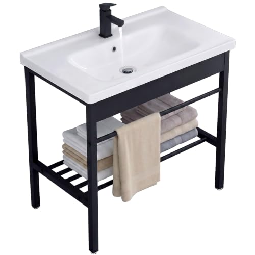 Freestanding Bathroom Console Sink, Bathroom Vanity with Sink, 28.3" x 19" x 32.3" Ceramic Console Sink Set With Bracket, Utility Sink for Laundry Room, Washing Room, Garage, Basement, Outdoor, Indoor - color: C_Console Sink