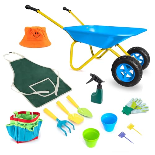 Kids Metal Wheelbarrow Outdoor Toys with 12 PCS Gardening Tool(Blue Set) - color: Blue Set