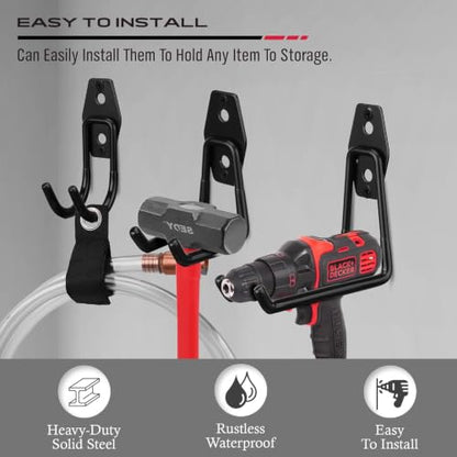 Garage Tool Storage Wall Hook Assortment Set: 15PCS Heavy Duty Large Hanger Garden Tool Organizer Ladder Bike Rack Yard Tool Holder Shed Shovel Metal Screw Organization Bicycle Steel Bracket - style: 15-Pack Hooks + 3 Straps（black）