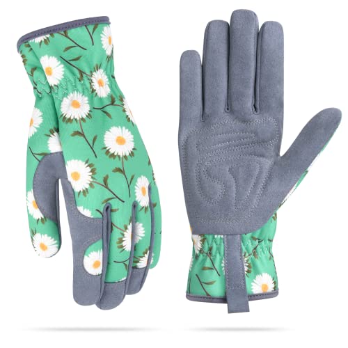 Womens Gardening Weeding Working Gloves, Leather Garden Glove for Women Thorn Proof No Stab for Digging, Planting,Pruning - color: Bright Green-large