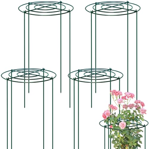 4 Sets Peony Support Cage,12"Diax24"High Heavy Duty Metal Plant Support,Grow Through Hoops Grids with 4 Thickened 4mm Legs,Strong Support Brace for Heavy Blossoms,Flower Support Ring for Peonies,Rose - size: 12"X24"-4PCS