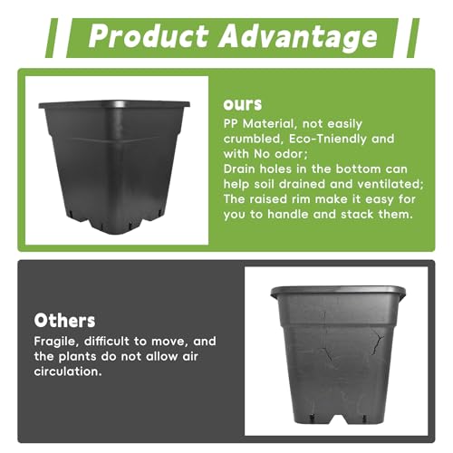 HOSTIC 5 Gallon Square Nursery Pots 10 PCS Flexible Plastic Pots - color: Black, size: 5 Gallon-10Pcs