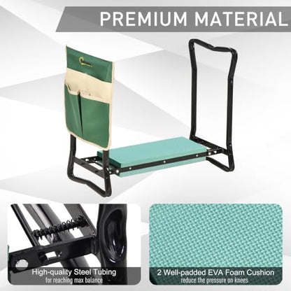 Outsunny Garden Kneeler and Seat with Tool Pouch, Green - color: Green