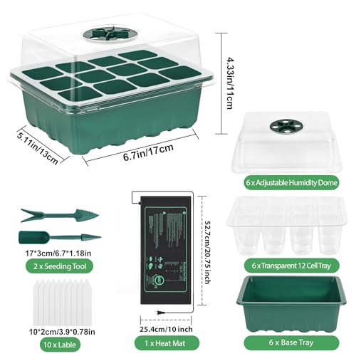 Sckee 6 Pack Seed Starter Tray with 10"x20.75" Seedling Heat Mat, Seed Starter Kit with Humidity Dome, Seed Starting Trays Plant Starter Kit and Base, Kit for Seeds Growing Starting